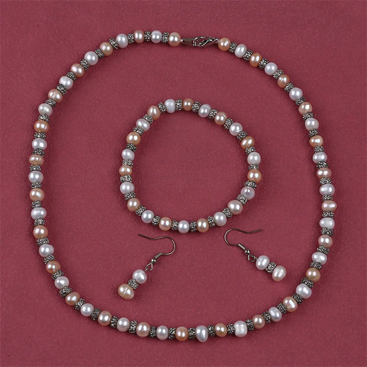 6-7mm Potato Real Natural Freshwater White Pink Purple Pearl Jewelry Set