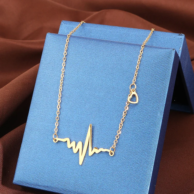 Fashion 18K Gold Plated Romantic Love Electrocardiogram Pulse Charm Pendant Necklace Stainless Steel Heartbeat For Women