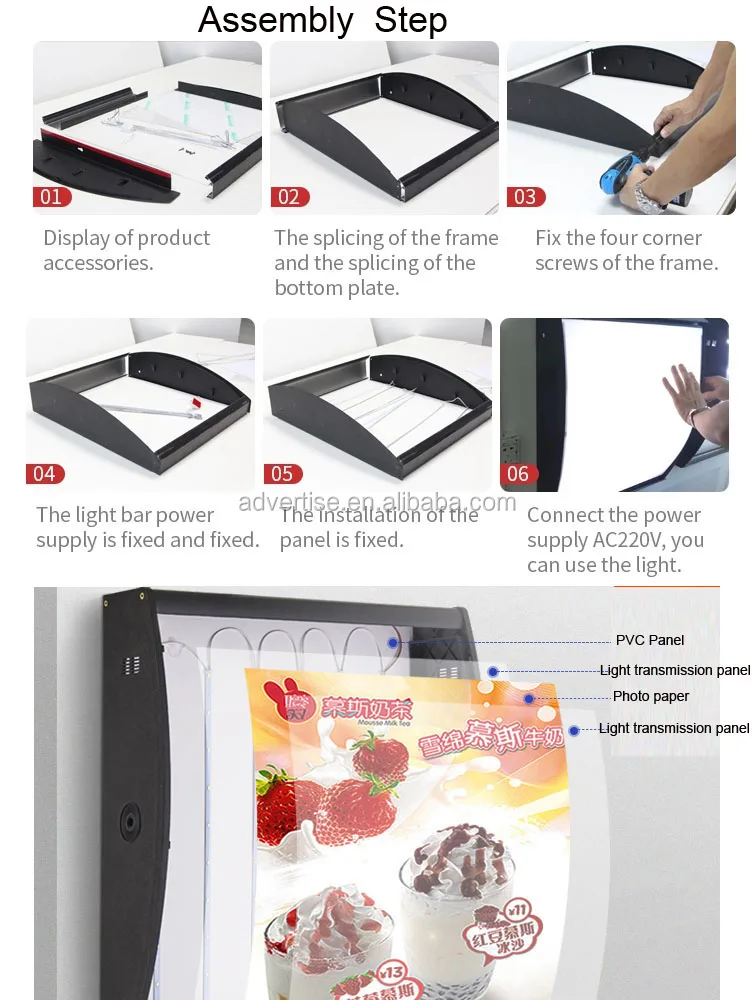 customized size curve order light box hanging or ceilling style plastic led menu display for coffee shop KFC restaurants