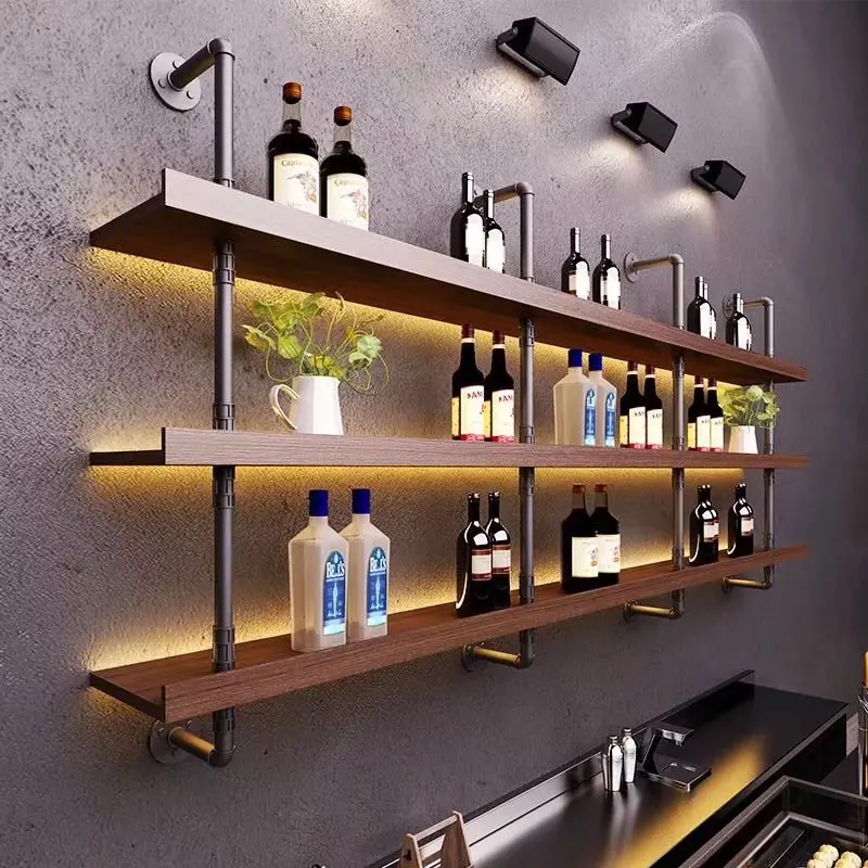 2023 Wholesale Custom Commercial Industrial Iron Nightclub Wet Bar Bistro Wall Mounted Wooden Wine Rack Display