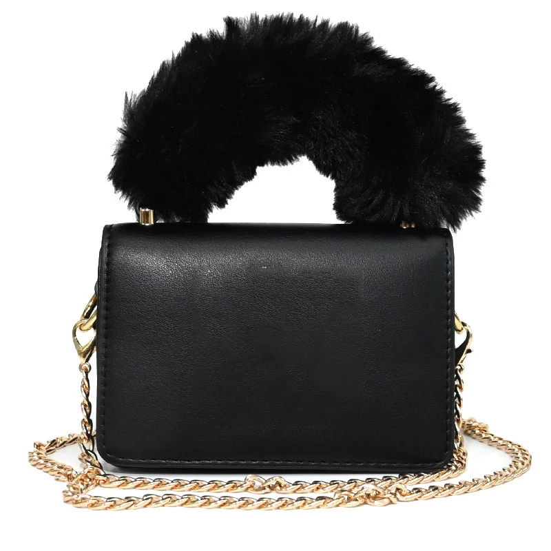 2021 new design matching ny fur purse and hat set Chain Fur Handle warm women purses and handbags ladies  Handbags