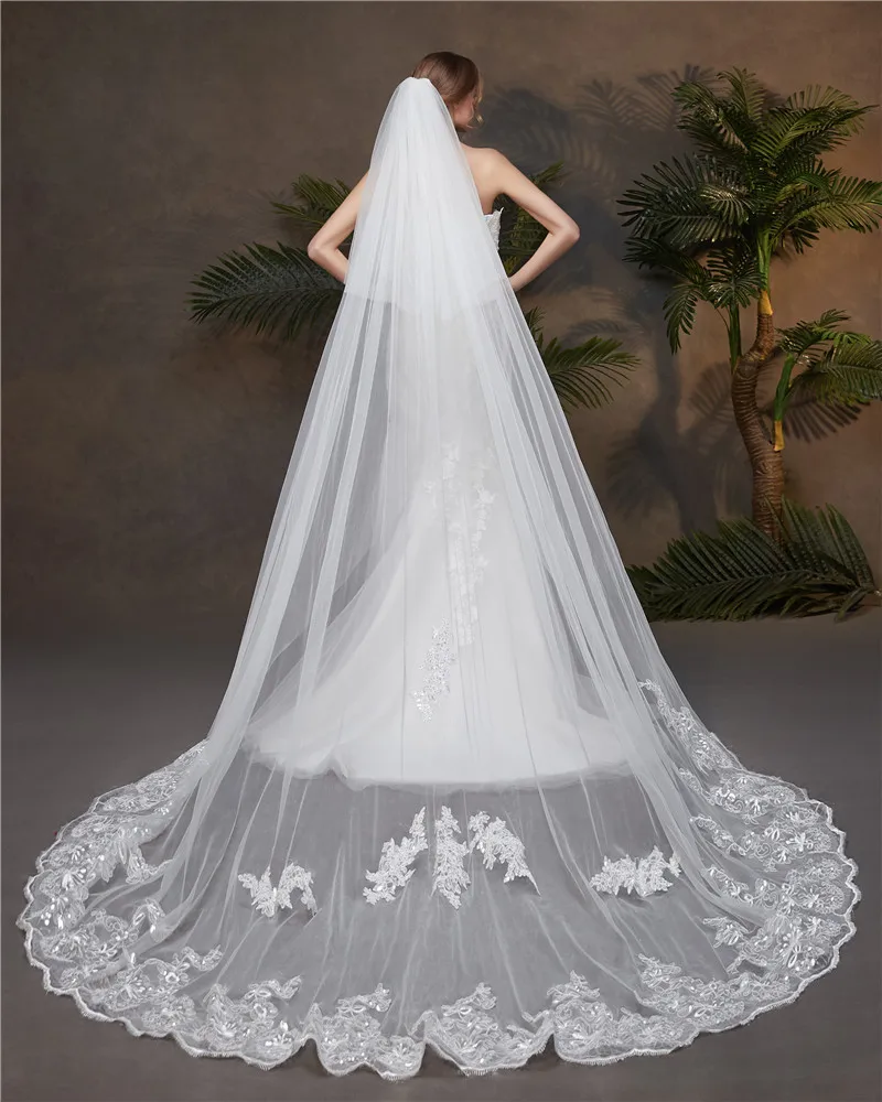 S1488R New double-layer veil with shiny lace bridal veil long with hair comb