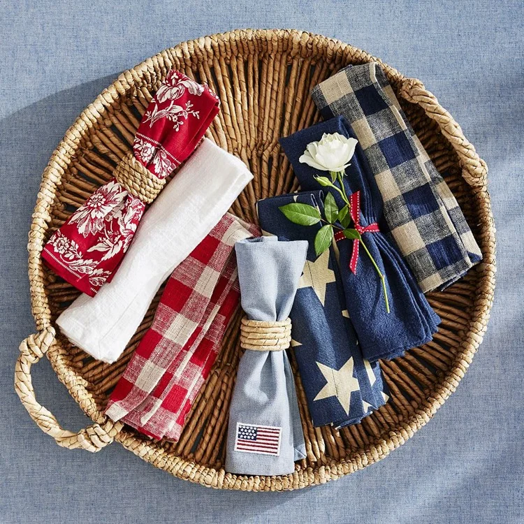 High Quality Custom Cotton Linen American Flag Table Napkins Personalized Embroidered with Logo for Home Wedding Washed Feature