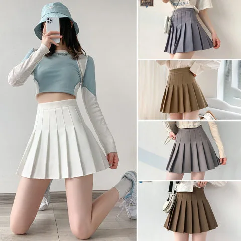 Women Fashion High Waist Pleated Skirt Female Mini A-Line Stitching Button Bottom Girls Dance Skirts