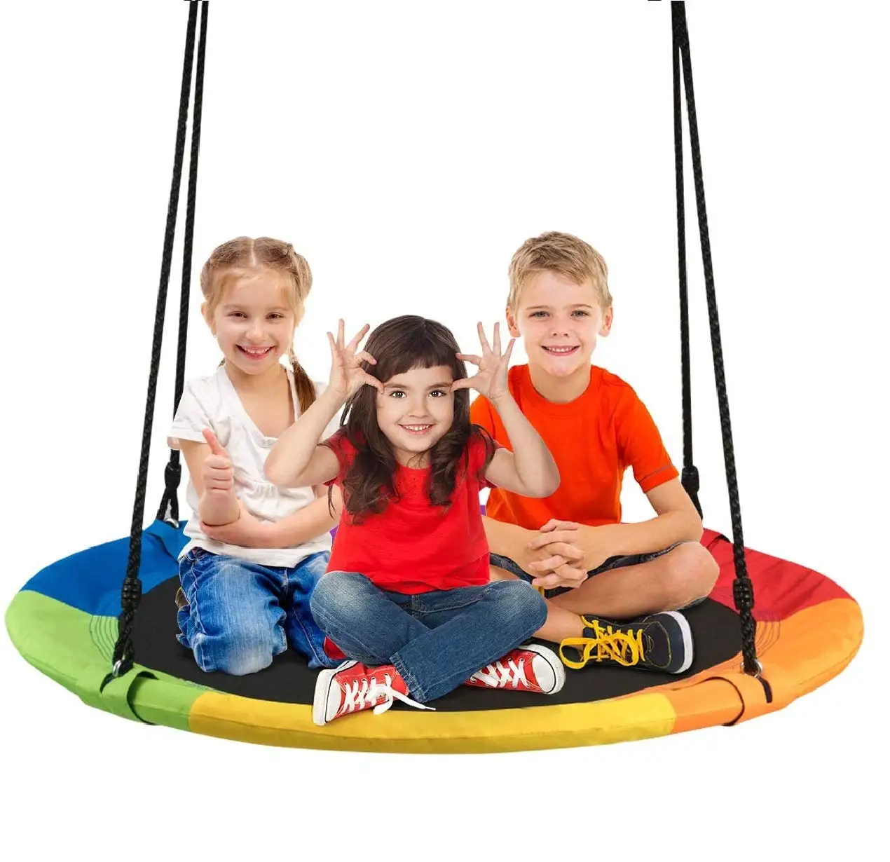 Zoshine Heavy-Duty Waterproof Oxford Platform Swing Seat  Kids Tree Swing Saucer Rainbow Round Swing with Adjustable Ropes