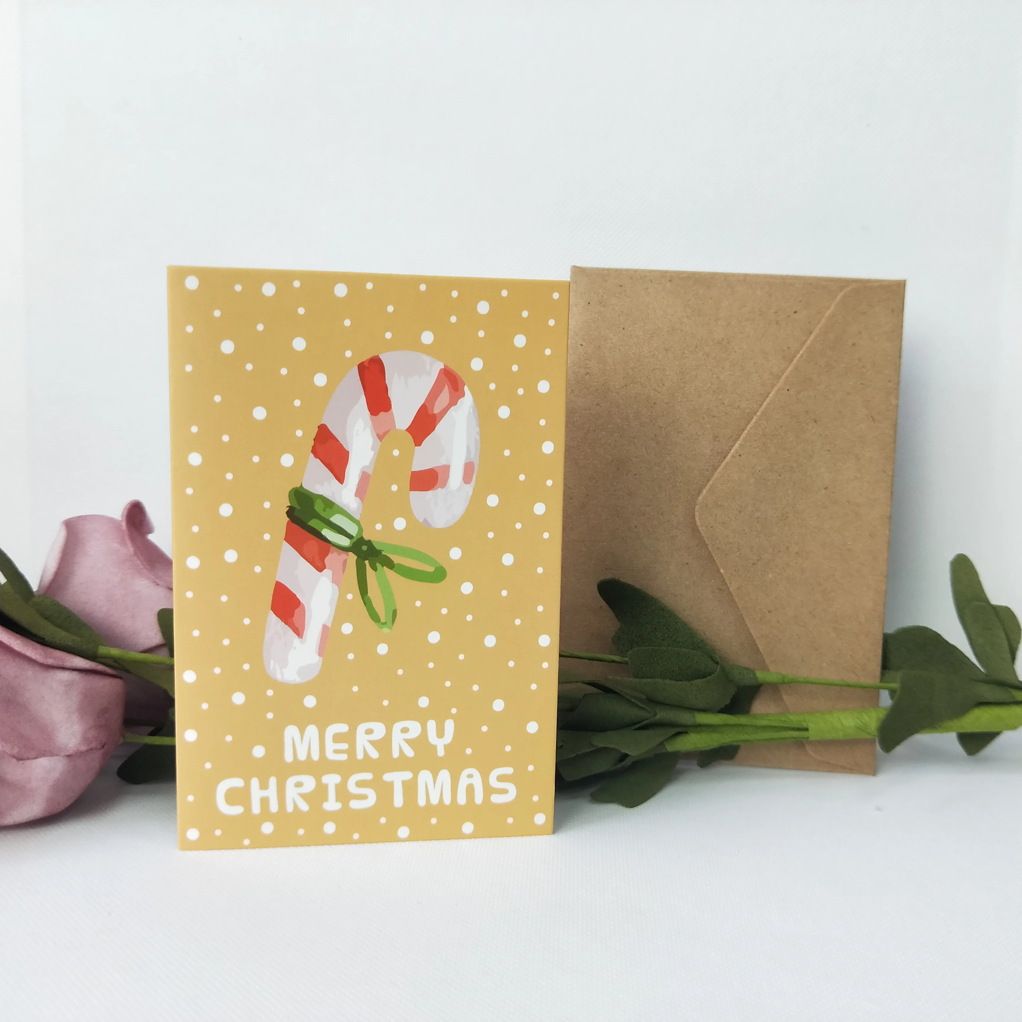 Candy canes Design-Colorful mini simple folding greeting card with paper envelope for Christmas