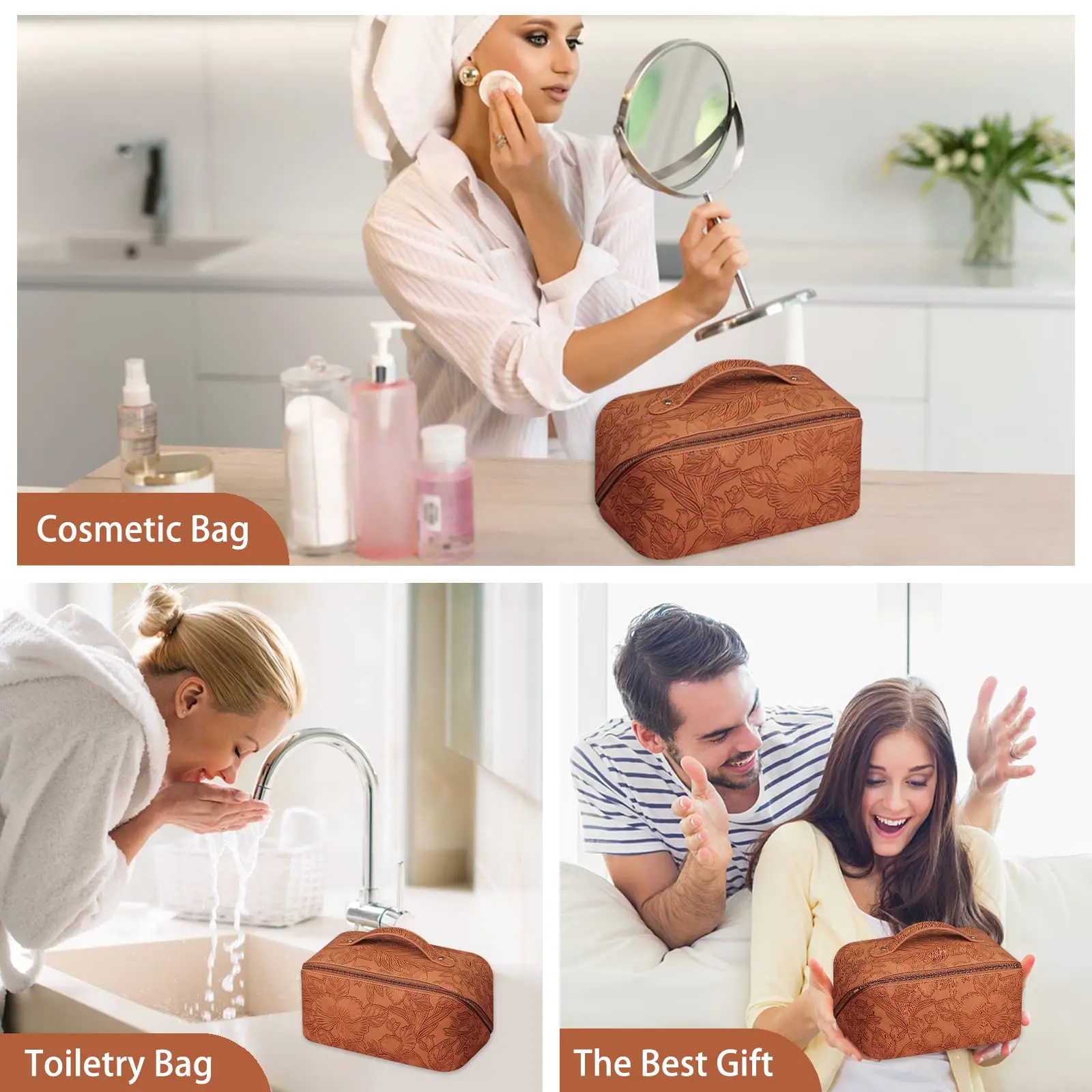 Travel Makeup  Cosmetic Bag With Compartments Large Capacity Water Resistant PU Leather Makeup Bag Lay Flat Makeup Bag