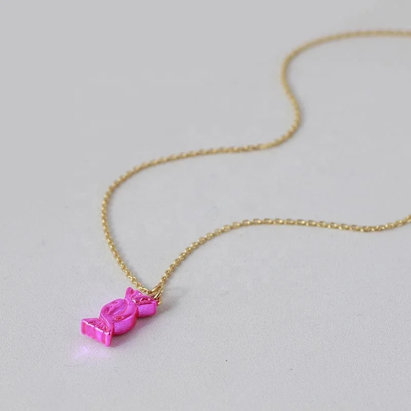 Pink Candy Pendant High Quality Girl Stainless Steel Gold Plated Chain Necklace