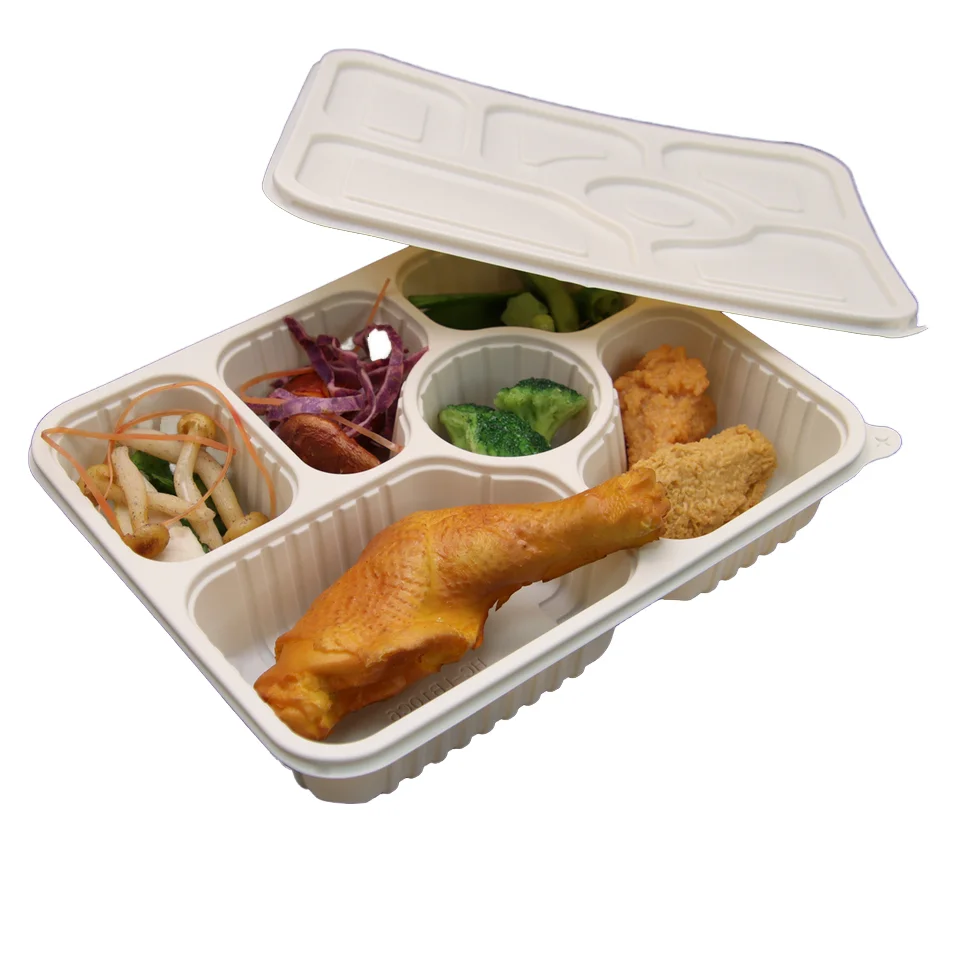Biodegradable Cornstarch Takeaway Food Packing Boxes Disposable Food Grade 6-Compartments Lunch Storage Container Box