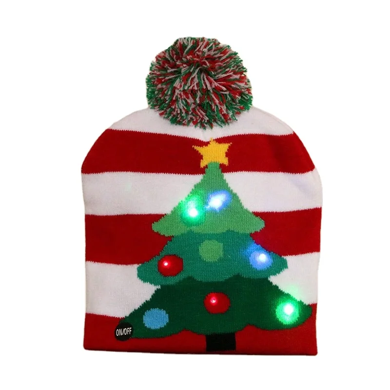 LED Christmas Hats Santa Cap Knitted Beanie Hat Light up Cartoon Christmas Gift Lighting New Year Supplies