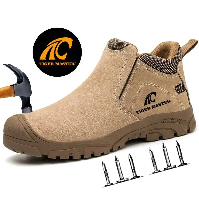 Non-slip rubber sole suede leather no laces anti puncture steel toe cap fashion welding shoes safety boots for men