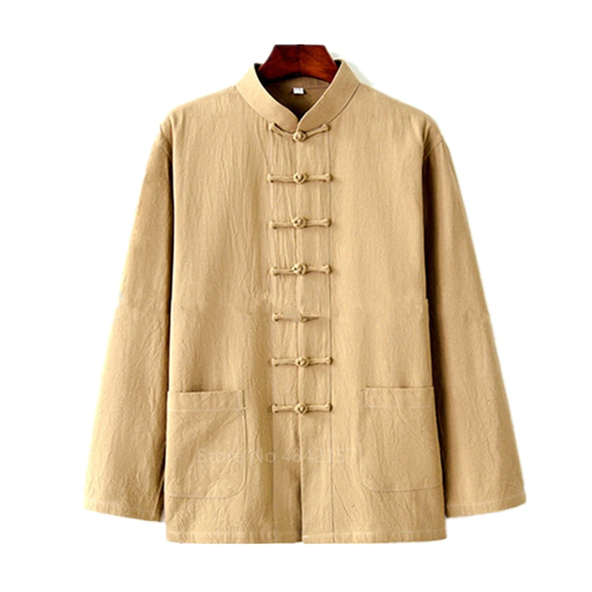HANO Chinese Style New Year Hanfu Men Tops Kung Fu Solid Linen Tai Chi Wushu Outfit Vintage China Shirt Clothing