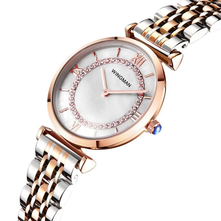 Custom Made Rose Gold PVD Plating SW Diamond Mother of Pearl Watch Dial Quartz Elegant Solid Steel Polish Bracelet Watches