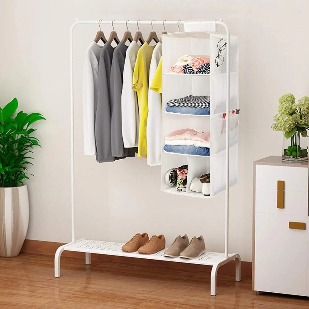 4 Shelves Hanging Closet Organizer Cloth Hanging Shelves for Closet Organizer with Hook and Loops