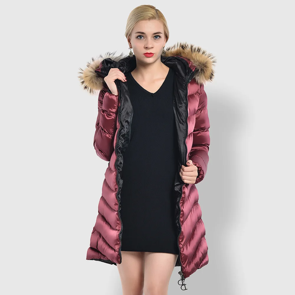 Women new winter long padding jacket ladies puffer jacket with fur hood