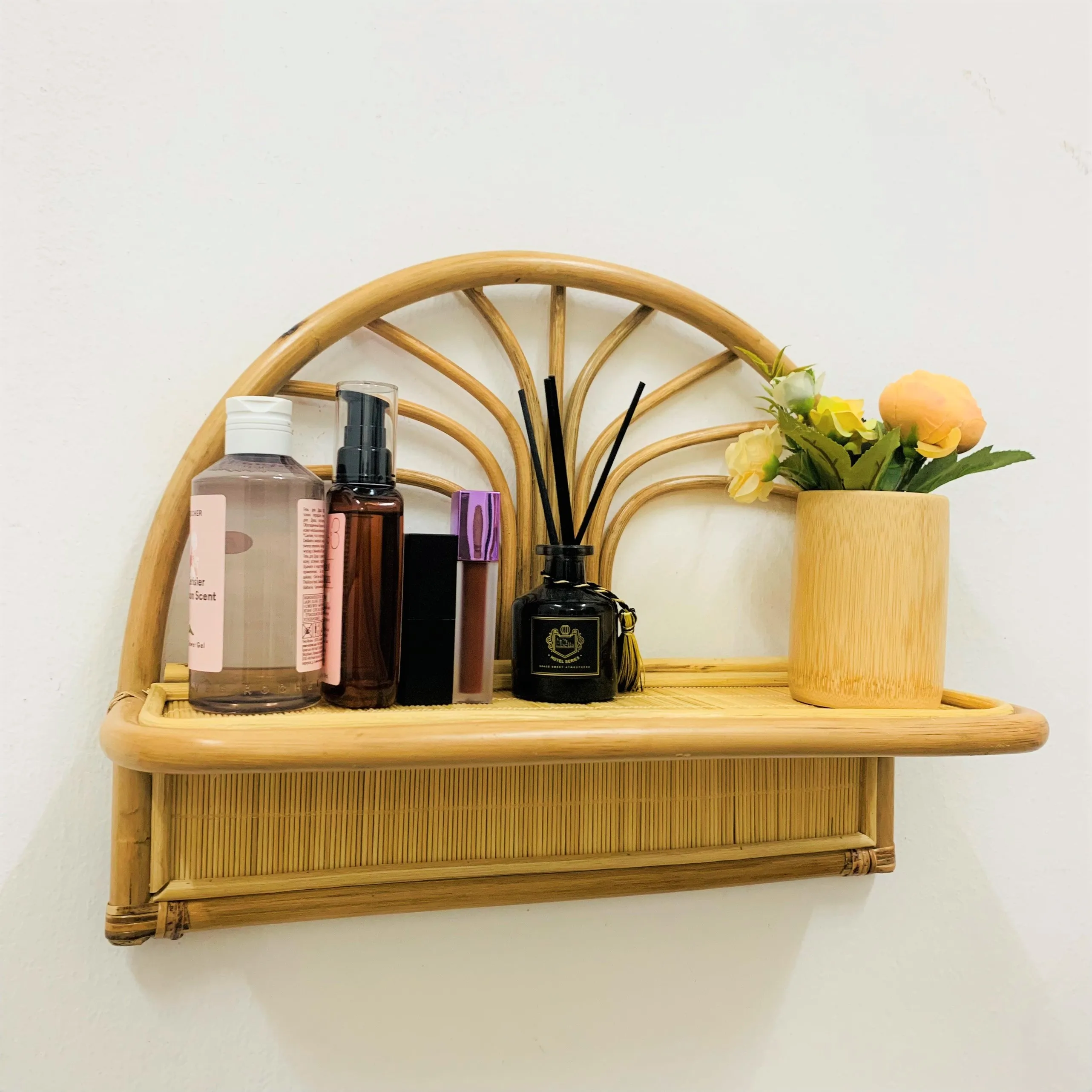 Premium Quality Natural Color1 Tier Wall-Mounted Arch Shelf Combined With Bamboo Surface From Vietnam