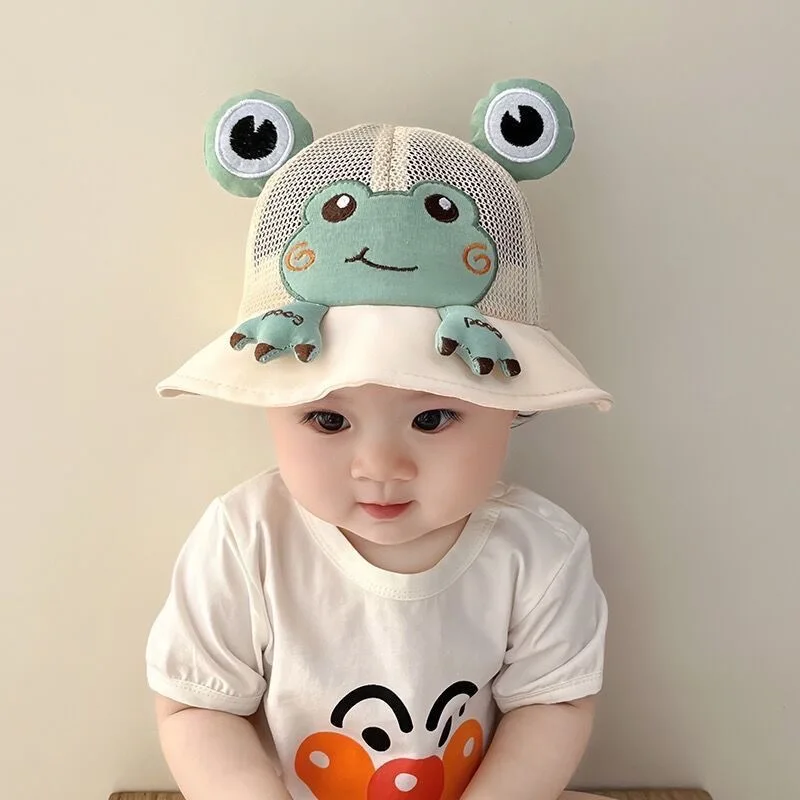 MOTE-GS093 Children Summer Thin Leisure Mesh Fisherman Hat Cute Frog Big Eyes Breathable Boys and Girls Baby Pot Hat