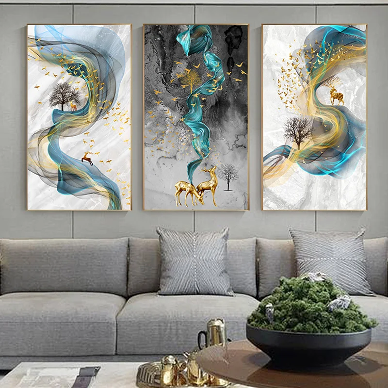 Abstract Golden Deer Posters and Prints Blue Fabric Wall Art Canvas Painting Big Size Picture for Living Room Nordic Home Decor