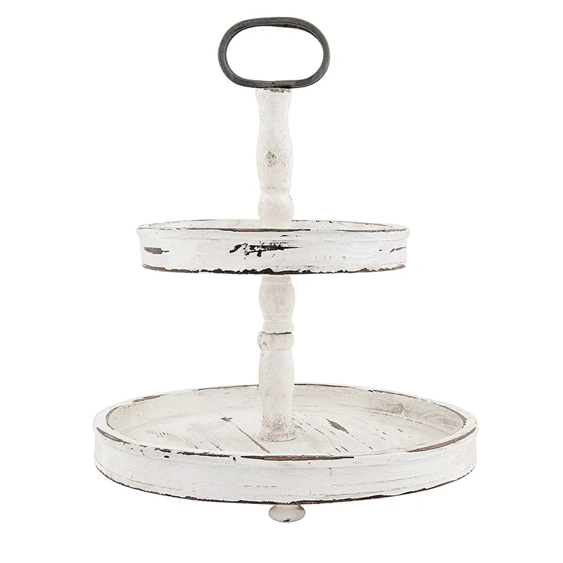 
Round Distressed Wooden 2 Tier Tray with Metal Handle  (62370850268)