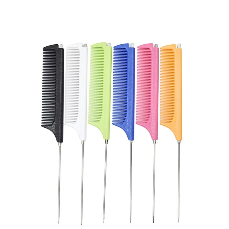 Hot customized private label Pink Hair Tinting Parting Comb salon styling metal pin rat tail carbon braiding comb for women