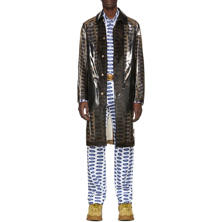 High quality fashion design custom transparent black pvc trench coat men