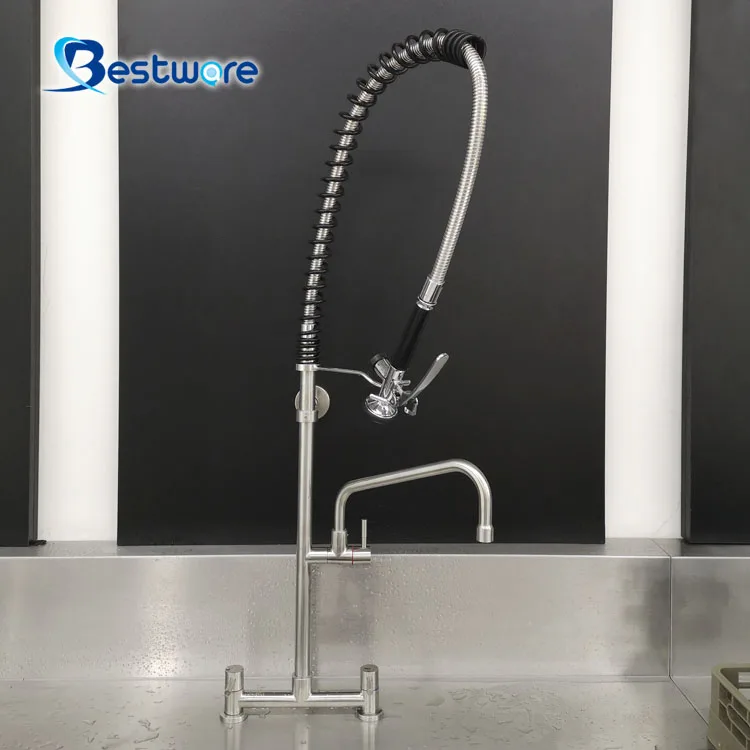 High Quality Commercial Kitchen Faucet Pre-Rinse Stainless Steel with Dual Handle Pull down Sprayer Heavy Duty Ceramic Valve