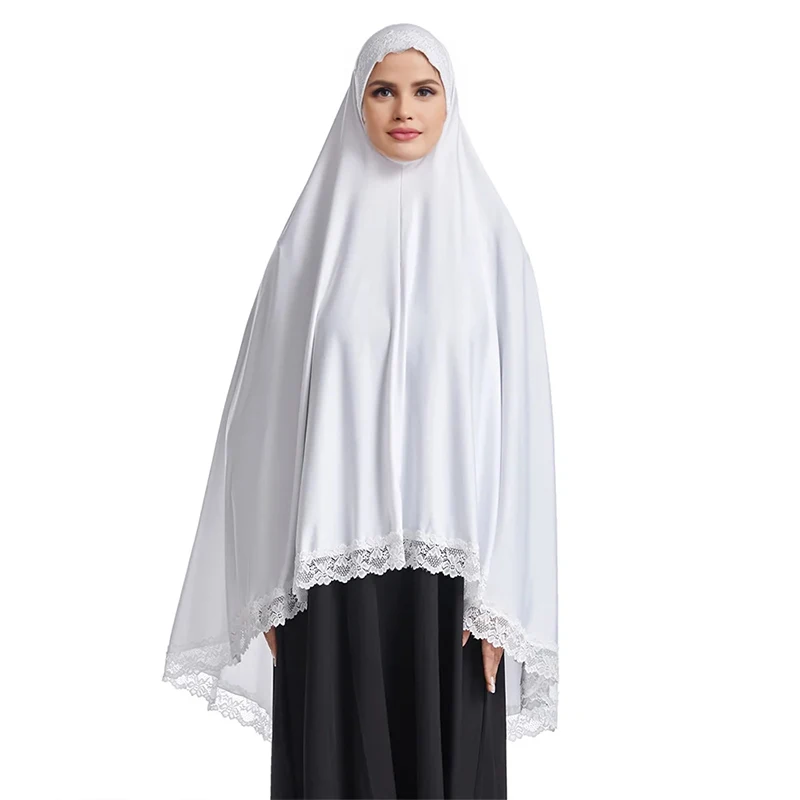 Muslim White Over Head Scarfs Caps Milk Silk Prayer Tops Dress Long Hijab Lace Edge Overarm Lace Hem Khimar