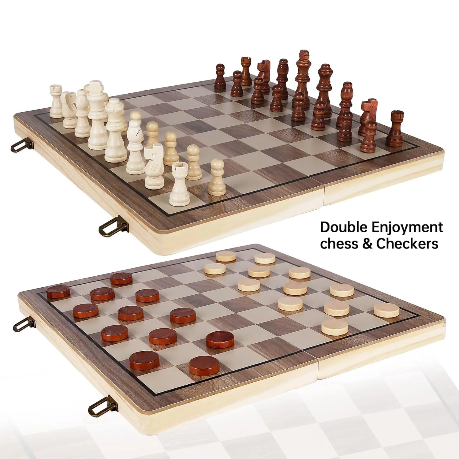 Foldable Wooden Chess Set Board Chess Checkers Set with 2 Extra Queens Wooden Chess Sets