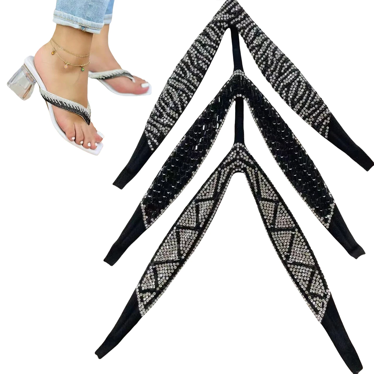 Three-Point Clip Footwear with White Square Grade a Crystal Glue Plastic Sandal Shoes Decorated with Flowers