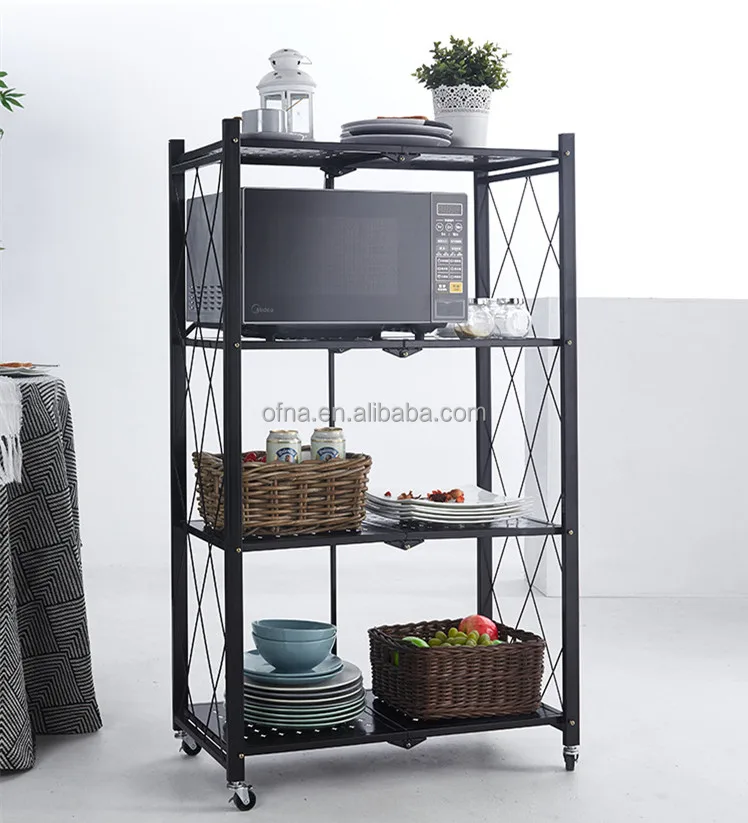 3/4 /5tier Kitchen Folding Shelf Rack For Home Storage Foldable Organizer  Metal Shelves With Wheels For Living Room