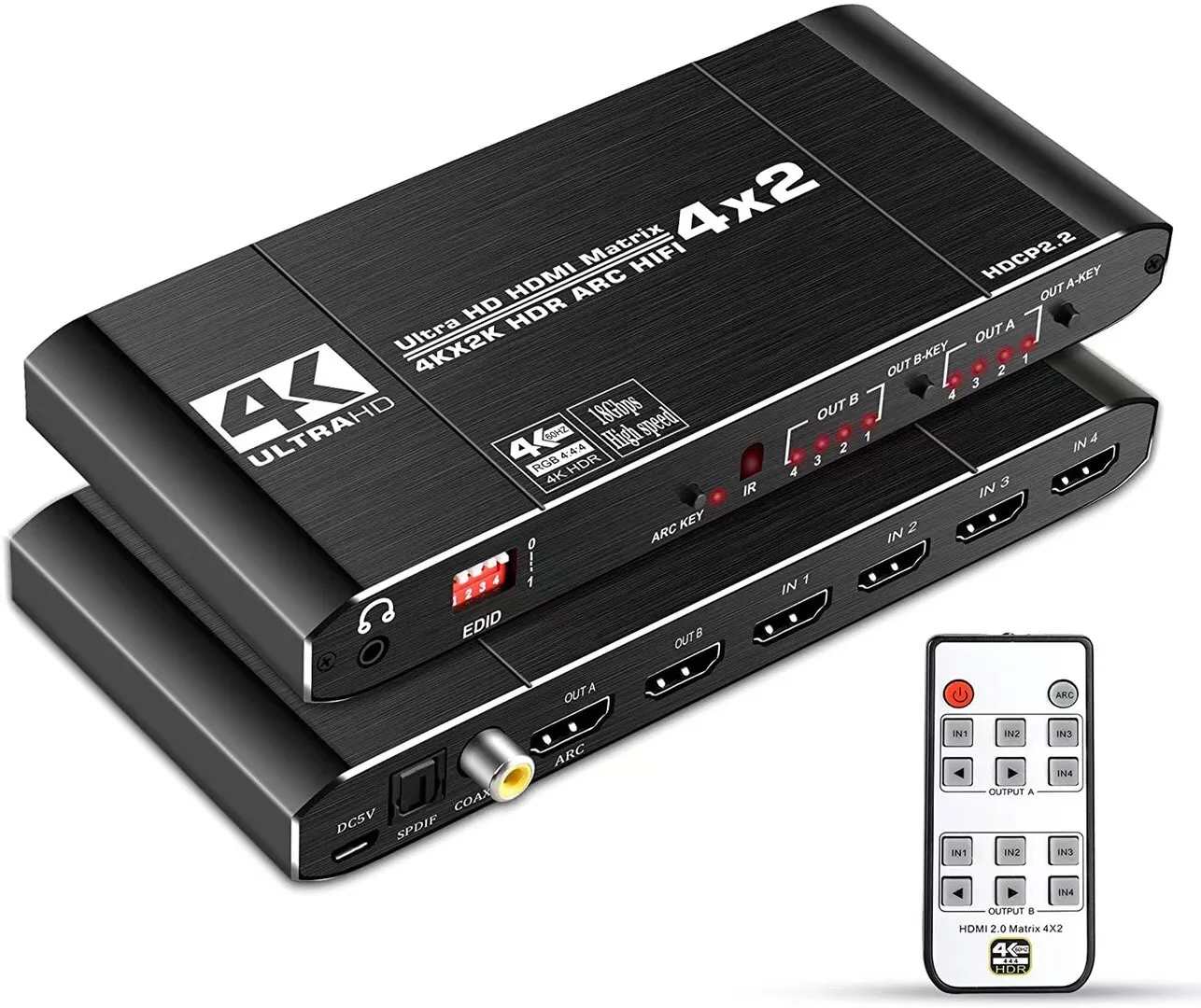 4K HDMI Matrix 4x2 4 in 2 Out HDMI2.0 Audio Extractor Switch Splitter with Optical Toslink SPDIF+Coaxial+3.5mm ARC Audio