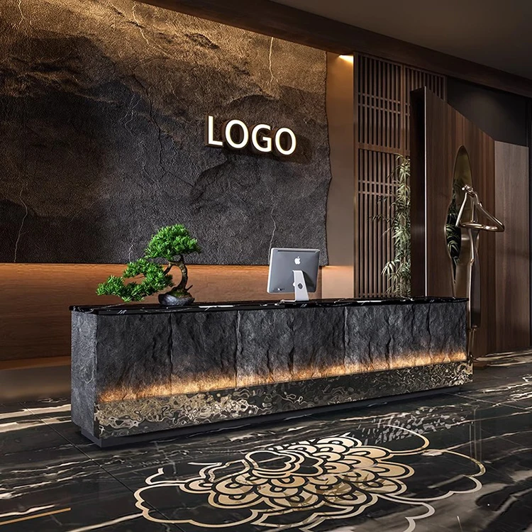 Custom Square Black Marble Granite Reception Front Desk Led Light Reception Desk With Storage