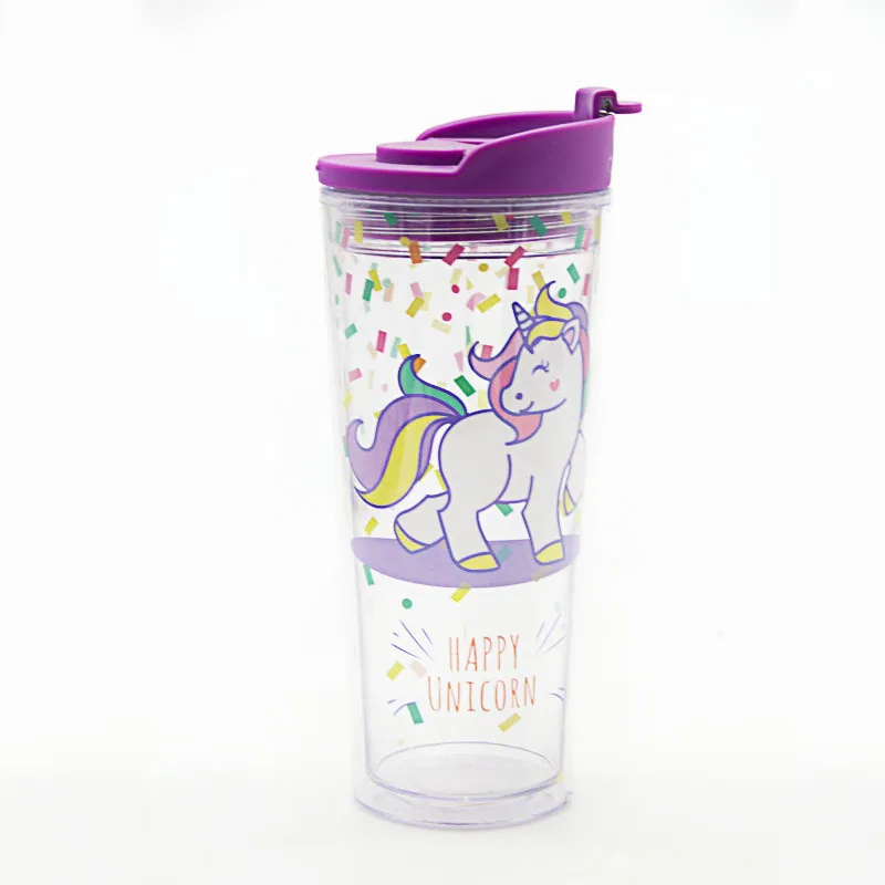 Unicorn Double Wall Insulated Plastic Boba Milk Tea Coffee Cups 650ml Plastic Reusable Bubble Boba Tea Cups With Lids