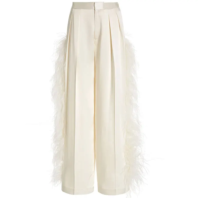 Fashion wholesale casual popular ladies trousers customized women pants feather-trimmed pleated satin wide leg women pants