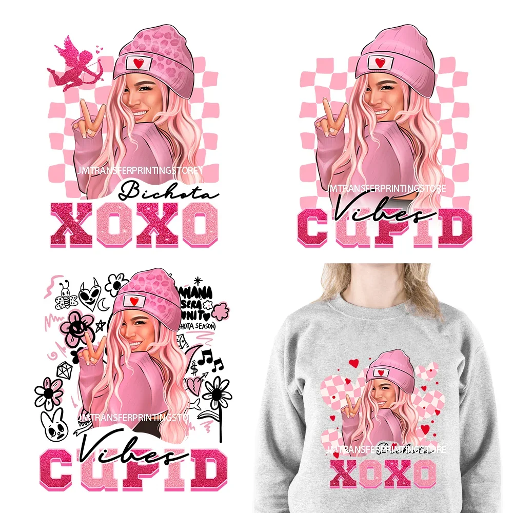 Модная розовая красивая девушка Bichota XOXO Cupid Vibes Счастливый День святого Валентина DTF наклейки для передачи тепла готовы нажать одежды