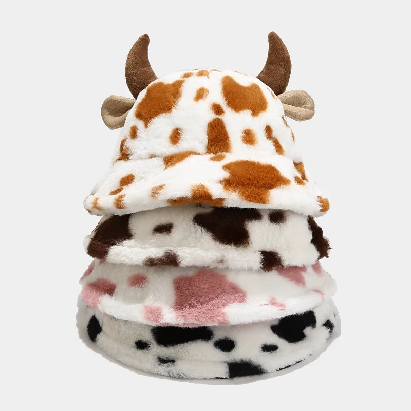 Wholesale in Stock Cow Dairy Print Plush Fluffy Bucket Hat for Women Winter Fashion Warm