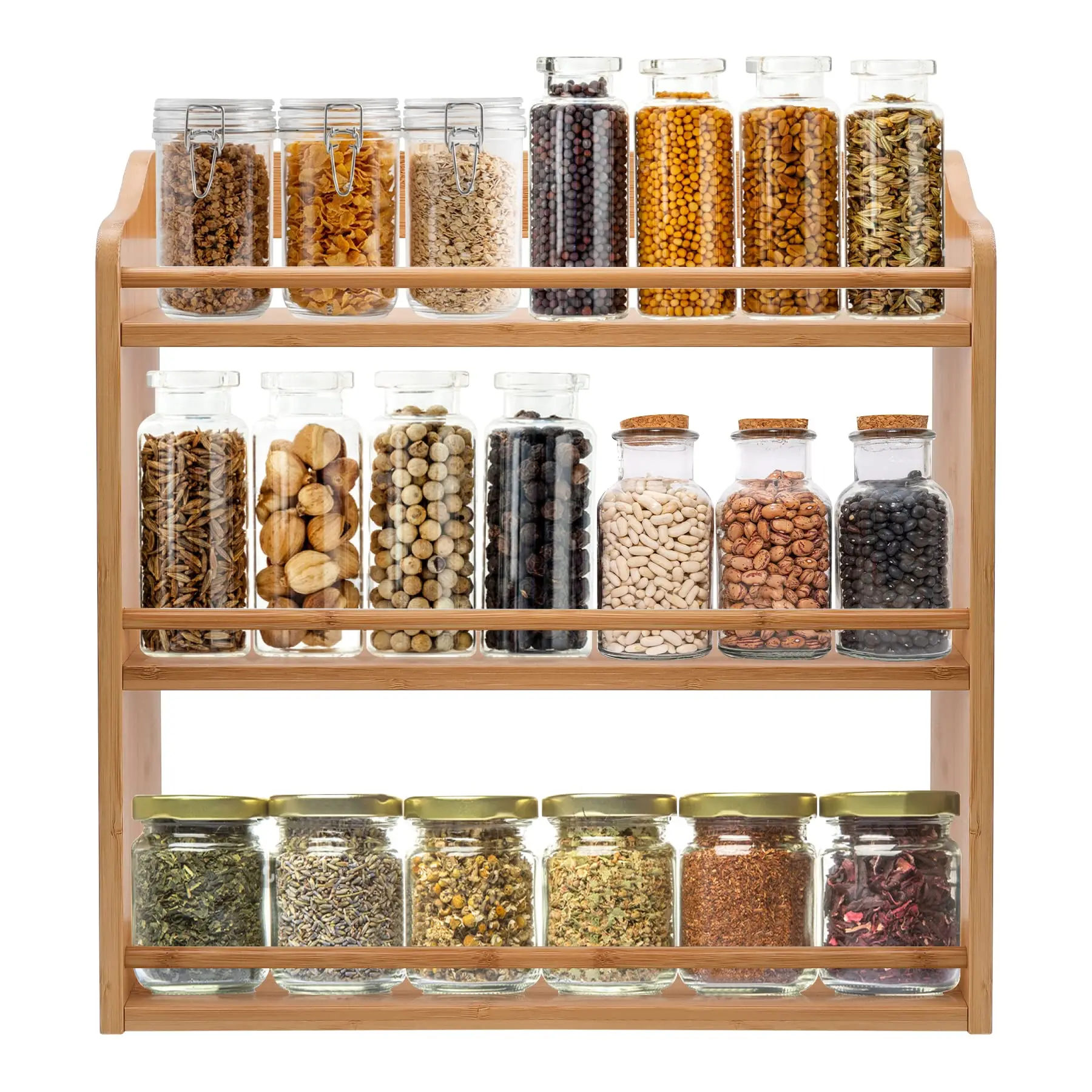 Custom Wood Spice Display Rack Standing Jar Seasoning Organizer 3 Tier Bamboo Shelf For Kitchen Cabinet Glass Jar Organizer