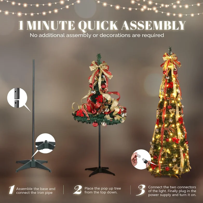 Retractable LED Christmas Tree 4ft-6ft Remote Control Folding Christmas Tree With Bow Ribbon For Christmas Decoration