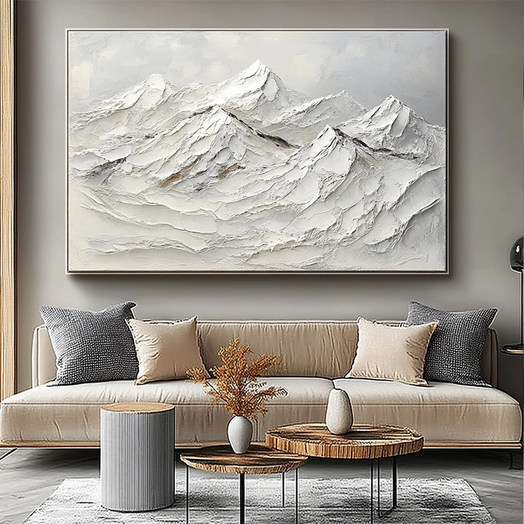 Handmade Knife Plaster Artwork Minimalist 3D White Mountain Landscape Painting Textured Wall Art