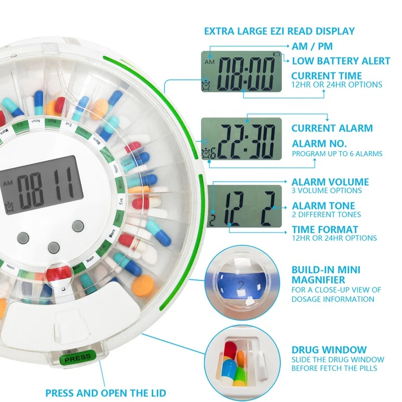 28 Compartments Senior Large LED Interface Rotating Key Automatic Pill Dispenser