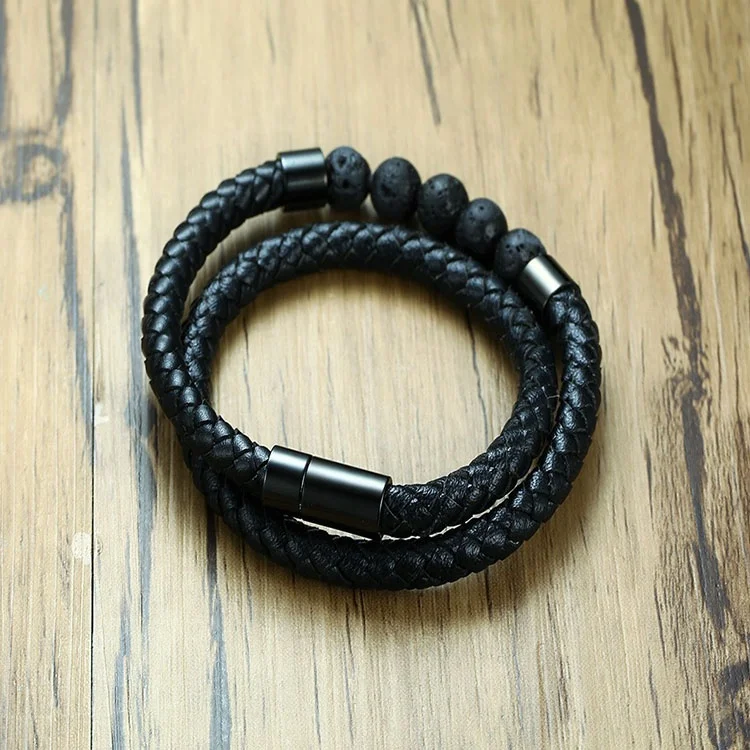 Personalized Custom Relationship Natural Chakra Lava Stone Beaded Leather Double Wrap Bracelet