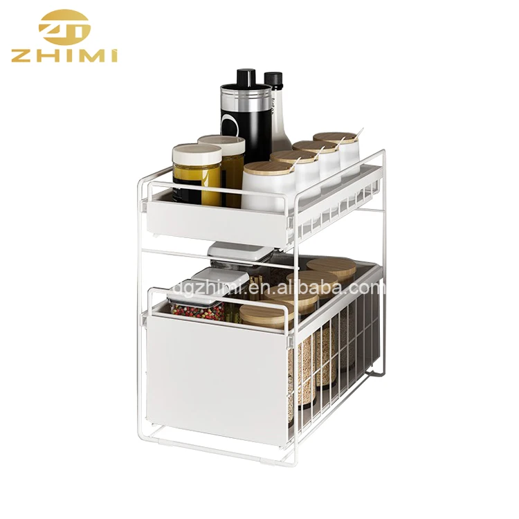 Stainless Steel 2-layer Home Sliding Basket Storage Holder Kitchen Spice Rack Bathroom Rack Book Rack