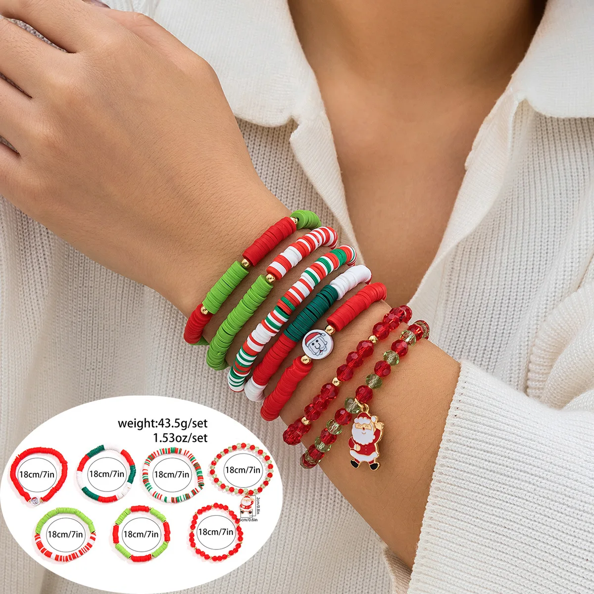 Christmas Holiday Gift Pearls Bells Xmas Tree Soft Ceramic Beaded Stretch Bracelet Set