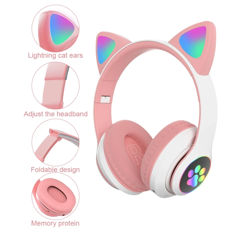 Earphone  Flash Light Cute Cat Ears Gaming Headset Wireless Headphones With Microphone control LED Gamer Girl Headset