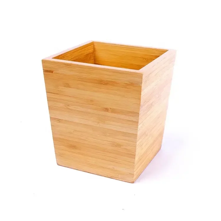 Bamboo Lid Waste Bin With Toilet Brush Holder Round Trash Can Waste Bin With Bamboo Lid For Bathroom