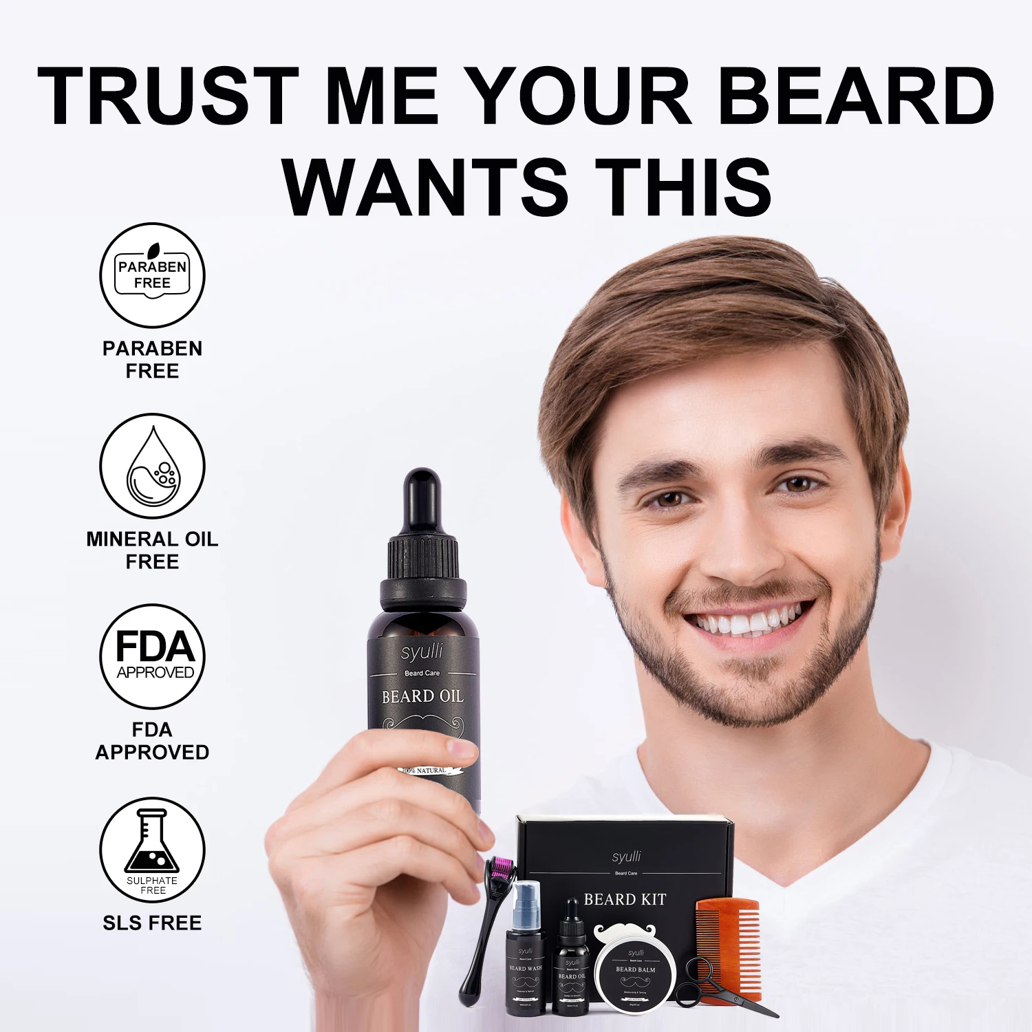 Private Label Natural Premium Mens Custom Beard Care Tool Kit Beard Roller Vegan Growth Oil Beard Grooming Set