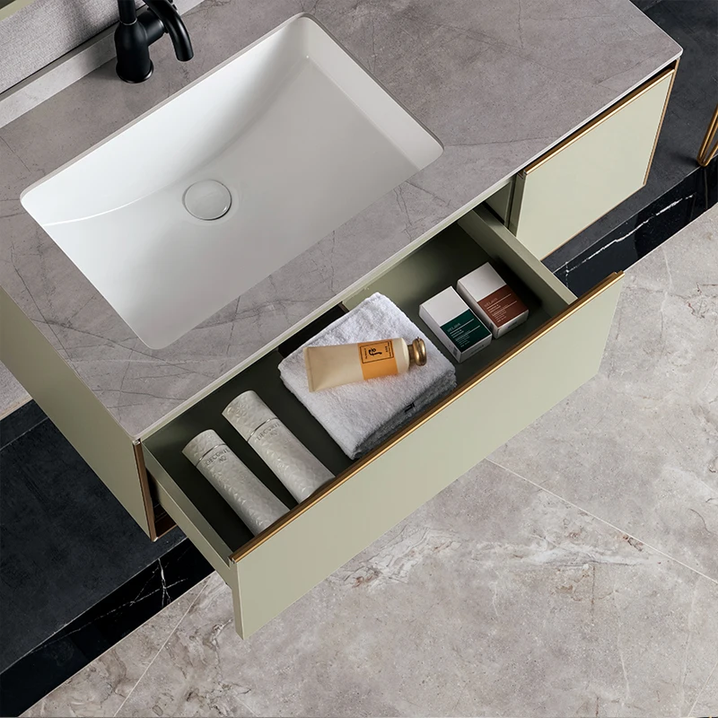 Marble Top Wall Hung Wooden Bathroom Cabinet Set Matte Green Solid Surface Vanity With Sink And Mirror