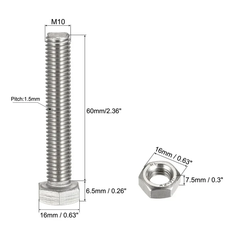 M10 x 60mm OEM Stainless Steel Fasteners Stainless Steel Nut And Screw Stainless Steel Bolts Hex Head T Square Stud Bolts