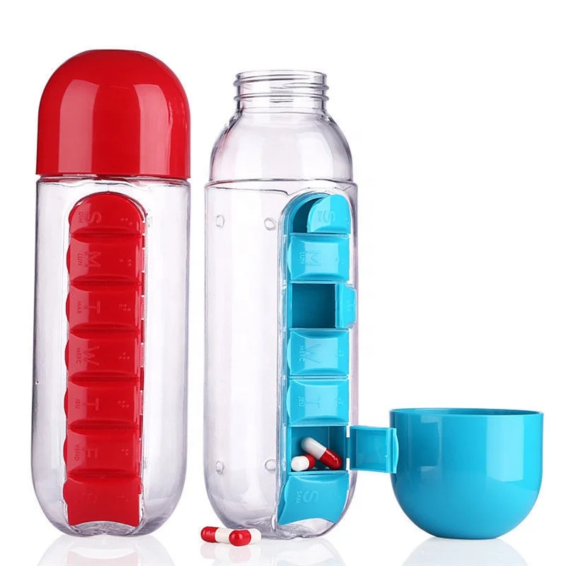 Color Box Packing Promotional Gift 700ml Yellow Red Pill Vitamin Organizer Protein Shaker Water Bottle with Pill Box