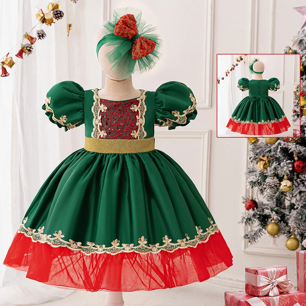 Girls Dress Santa Snowflake Children Shirt Cartoon Print Princess Christmas Party Cos Performance Costumes
